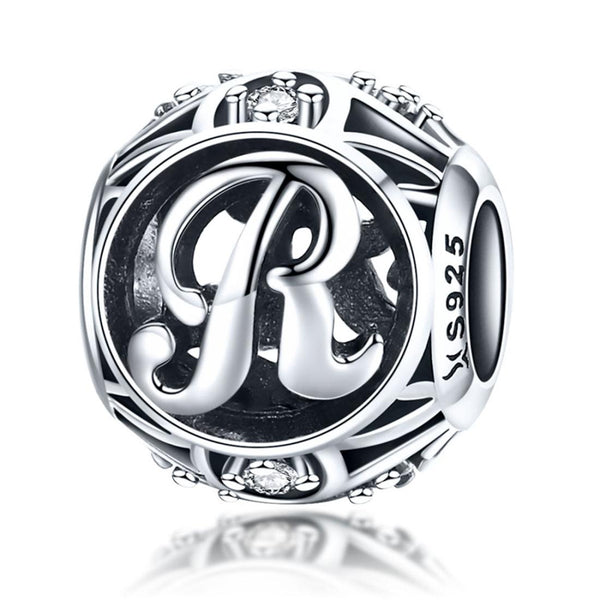 R Initial Letter Sterling Silver Zircon CZ Bead Charm Bracelet Necklace