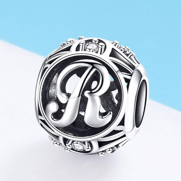 R Initial Letter Sterling Silver Zircon CZ Bead Charm Bracelet Necklace