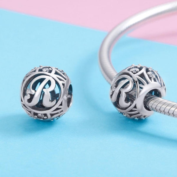 R Initial Letter Sterling Silver Zircon CZ Bead Charm Bracelet Necklace