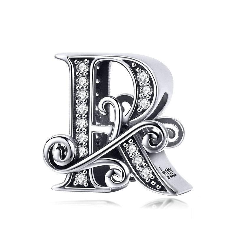 Initial Letter Gothic Victorian Sterling Silver Zircon CZ Bead Charm Bracelet R