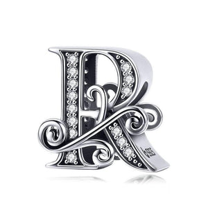 Initial Letter Gothic Victorian Sterling Silver Zircon CZ Bead Charm Bracelet R