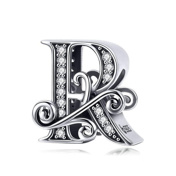 Initial Letter Gothic Victorian Sterling Silver Zircon CZ Bead Charm Bracelet R
