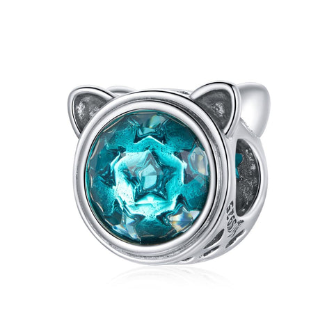 Cat Head Blue Stars Sterling Silver Zircon CZ Bead Charm Bracelet Necklace