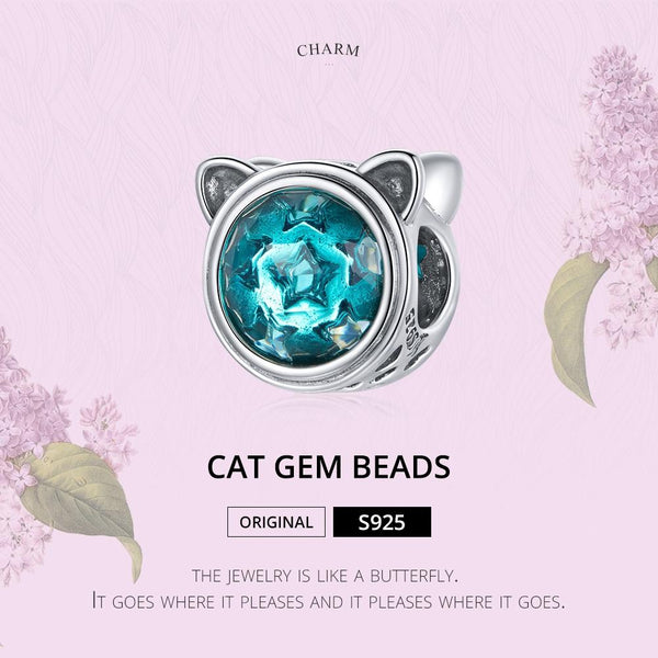 Cat Head Blue Stars Sterling Silver Zircon CZ Bead Charm Bracelet Necklace