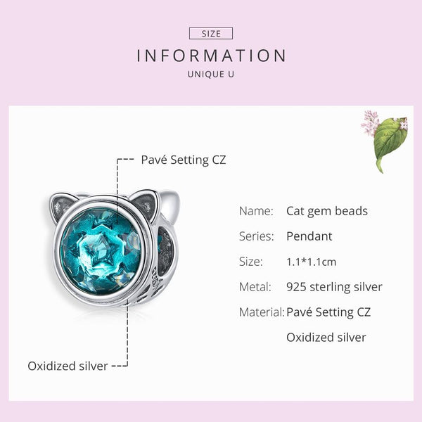 Cat Head Blue Stars Sterling Silver Zircon CZ Bead Charm Bracelet Necklace