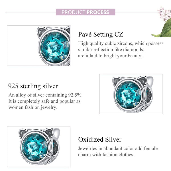 Cat Head Blue Stars Sterling Silver Zircon CZ Bead Charm Bracelet Necklace