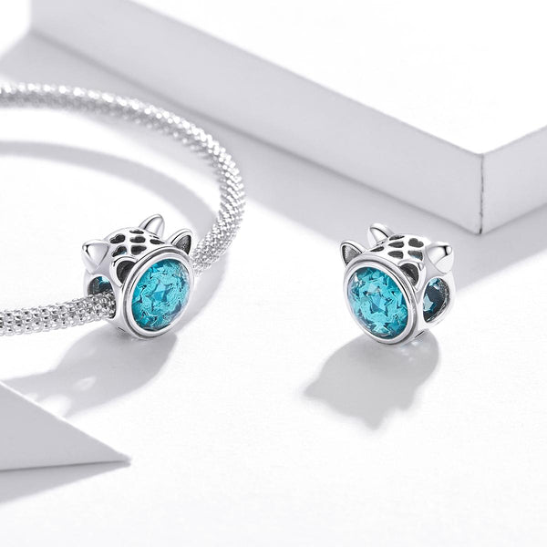 Cat Head Blue Stars Sterling Silver Zircon CZ Bead Charm Bracelet Necklace