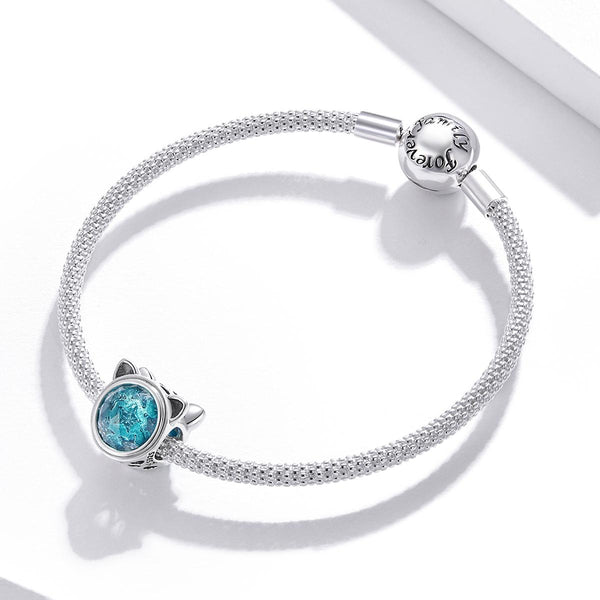 Cat Head Blue Stars Sterling Silver Zircon CZ Bead Charm Bracelet Necklace
