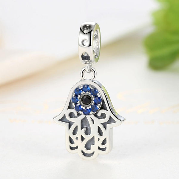 Hamsa Evil Eye Protection Sterling Silver Zircon CZ Bead Charm Bracelet Necklace