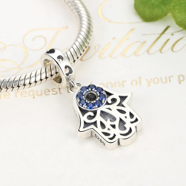 Hamsa Evil Eye Protection Sterling Silver Zircon CZ Bead Charm Bracelet Necklace