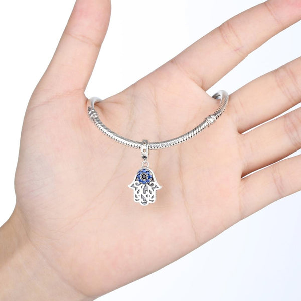 Hamsa Evil Eye Protection Sterling Silver Zircon CZ Bead Charm Bracelet Necklace