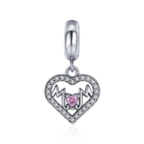 Pink Mum Love Heart Sterling Silver Zircon CZ Bead Charm Bracelet Necklace