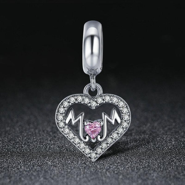 Pink Mum Love Heart Sterling Silver Zircon CZ Bead Charm Bracelet Necklace