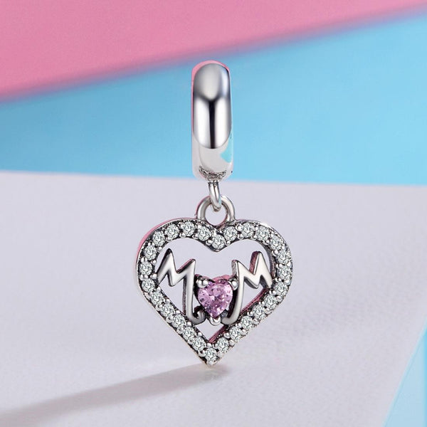 Pink Mum Love Heart Sterling Silver Zircon CZ Bead Charm Bracelet Necklace