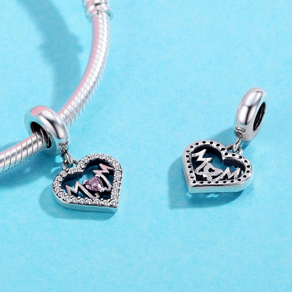 Pink Mum Love Heart Sterling Silver Zircon CZ Bead Charm Bracelet Necklace