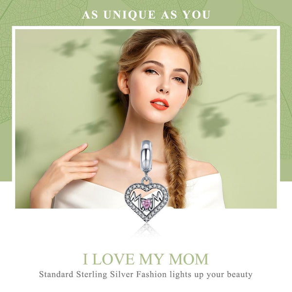 Pink Mum Love Heart Sterling Silver Zircon CZ Bead Charm Bracelet Necklace