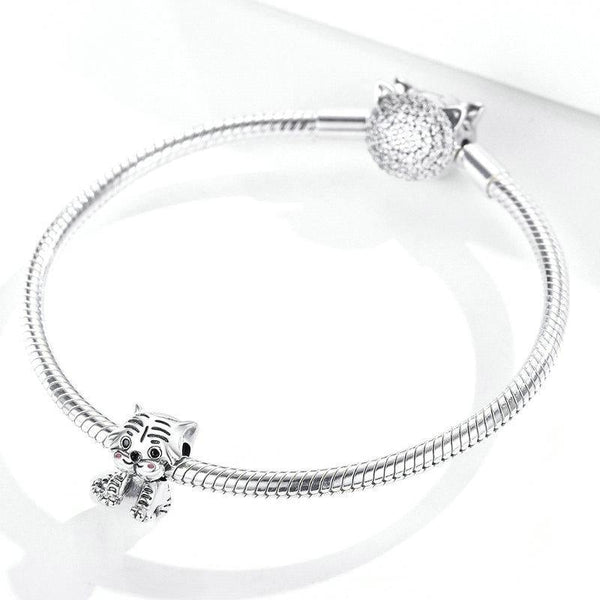 Tiger Cub Enamel Sterling Silver Bead Charm Bracelet Necklace