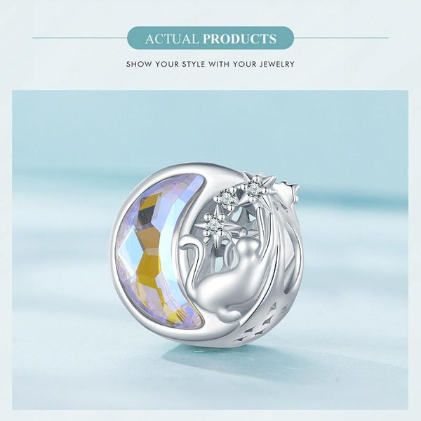 Cat Moon Stars Sterling Silver Zircon CZ Bead Charm Pendant Bracelet Necklace