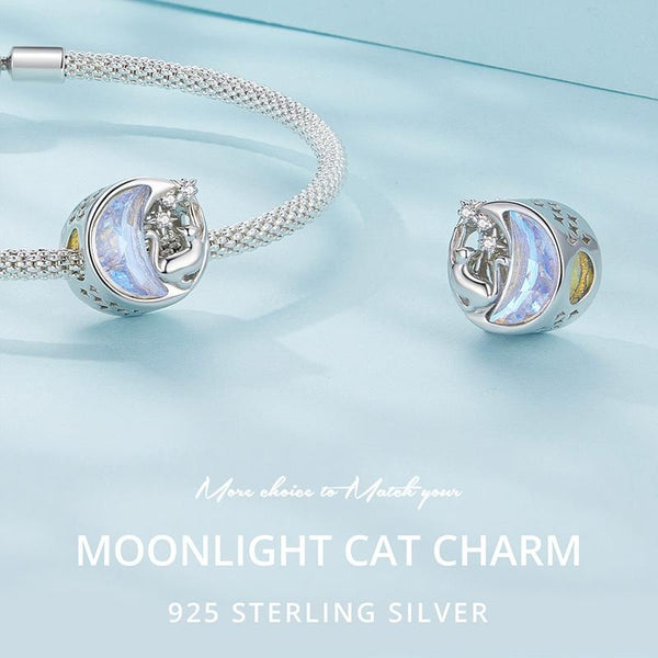 Cat Moon Stars Sterling Silver Zircon CZ Bead Charm Pendant Bracelet Necklace