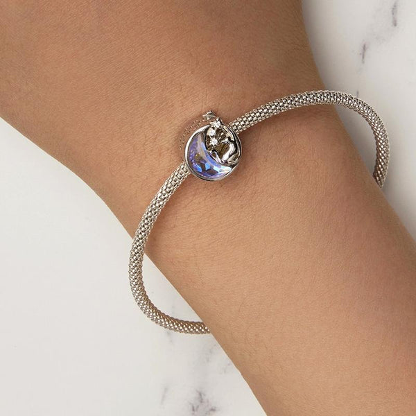 Cat Moon Stars Sterling Silver Zircon CZ Bead Charm Pendant Bracelet Necklace