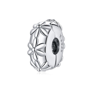 Flower Floral Platinum Plated Sterling Silver Clip Buckle Spacer Bead Charm Bracelet