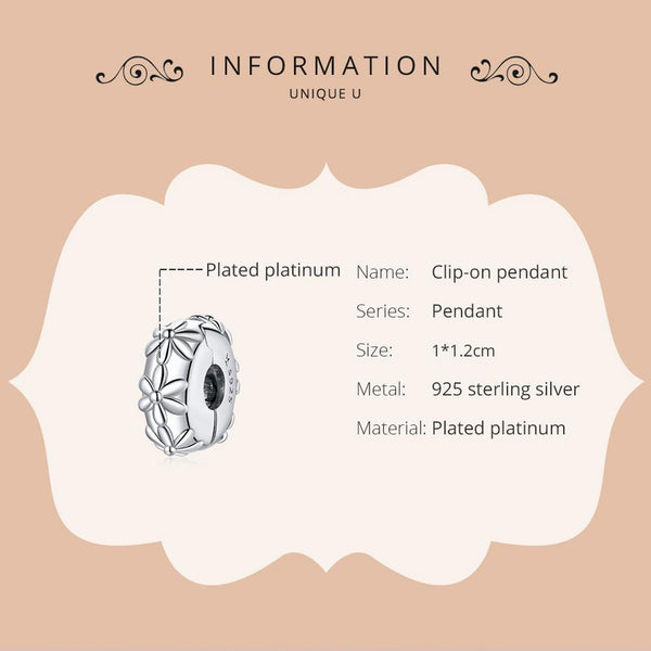 Flower Floral Platinum Plated Sterling Silver Clip Buckle Spacer Bead Charm Bracelet