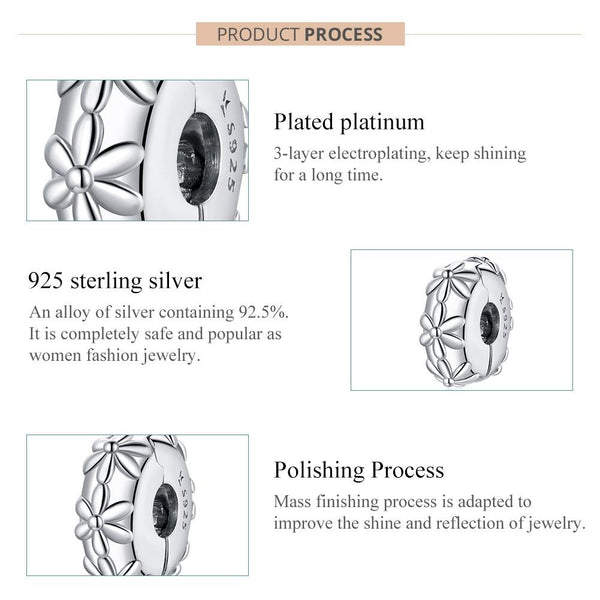Flower Floral Platinum Plated Sterling Silver Clip Buckle Spacer Bead Charm Bracelet