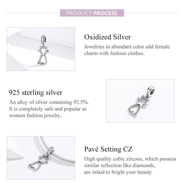 Pave Cat Sterling Silver Zircon CZ Bead Charm Bracelet Necklace