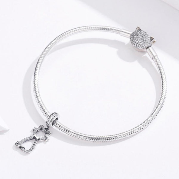 Pave Cat Sterling Silver Zircon CZ Bead Charm Bracelet Necklace