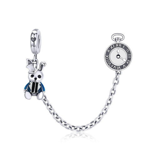 White Rabbit Watch Enamel Sterling Silver Safety Chain For Bracelet
