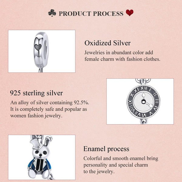 White Rabbit Watch Enamel Sterling Silver Safety Chain For Bracelet