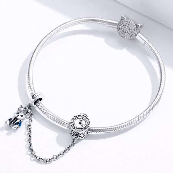 White Rabbit Watch Enamel Sterling Silver Safety Chain For Bracelet