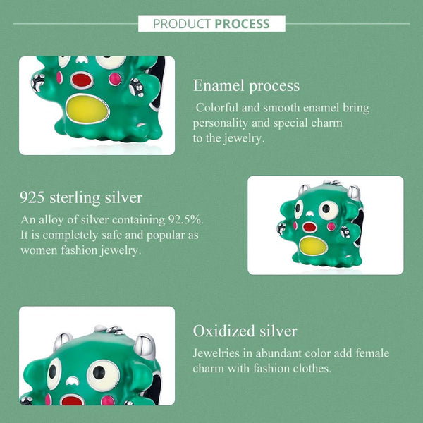 Green Monster Enamel Sterling Silver Bead Charm Pendant Bracelet Necklace