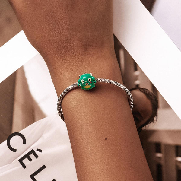 Green Monster Enamel Sterling Silver Bead Charm Pendant Bracelet Necklace