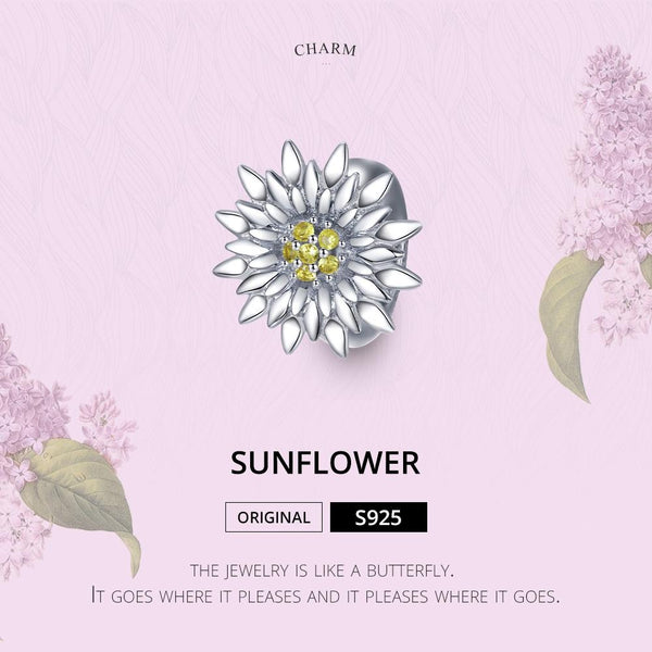 Sunflower Sterling Silver Zircon CZ Bead Charm Pendant Bracelet Necklace
