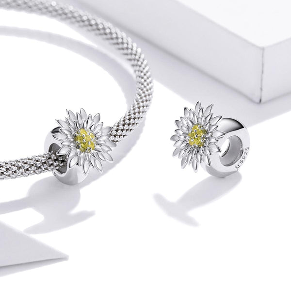 Sunflower Sterling Silver Zircon CZ Bead Charm Pendant Bracelet Necklace