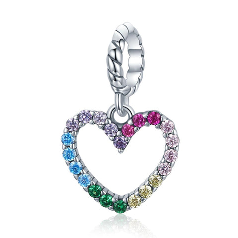 Pave Crystal Rainbow Heart Sterling Silver Zircon CZ Bead Charm Bracelet Necklace
