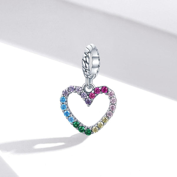 Pave Crystal Rainbow Heart Sterling Silver Zircon CZ Bead Charm Bracelet Necklace