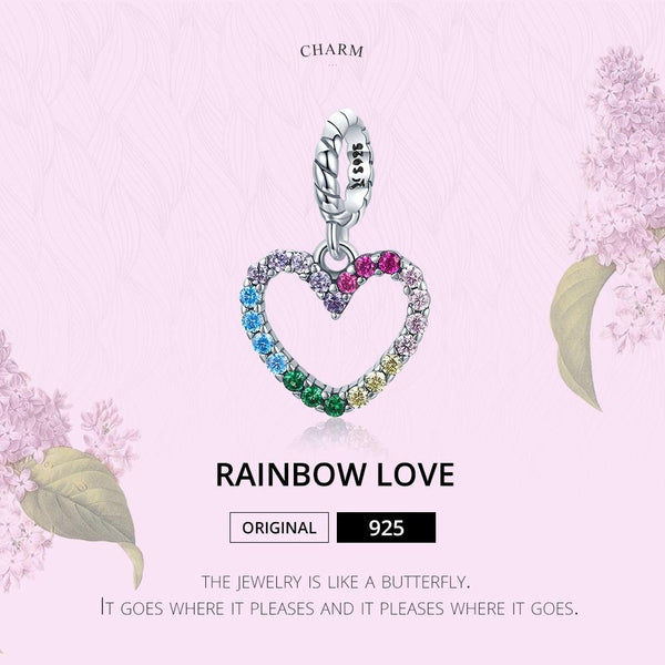 Pave Crystal Rainbow Heart Sterling Silver Zircon CZ Bead Charm Bracelet Necklace