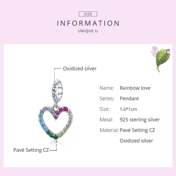 Pave Crystal Rainbow Heart Sterling Silver Zircon CZ Bead Charm Bracelet Necklace