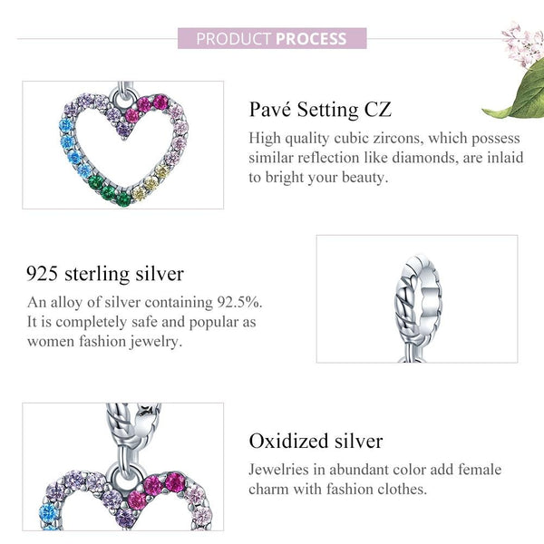 Pave Crystal Rainbow Heart Sterling Silver Zircon CZ Bead Charm Bracelet Necklace