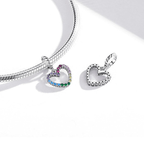 Pave Crystal Rainbow Heart Sterling Silver Zircon CZ Bead Charm Bracelet Necklace