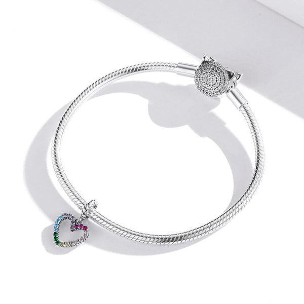 Pave Crystal Rainbow Heart Sterling Silver Zircon CZ Bead Charm Bracelet Necklace