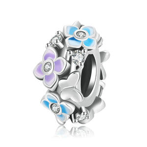 Butterflies Flowers Enamel Sterling Silver Zircon CZ Bead Charm Bracelet Necklace