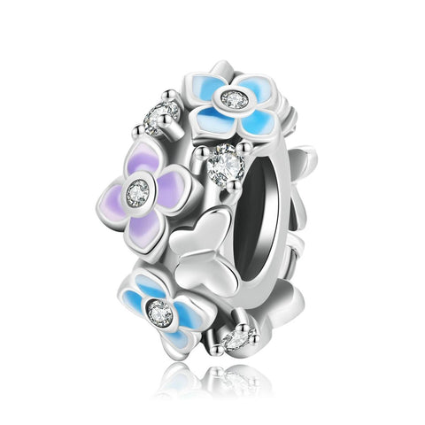 Butterflies Flowers Enamel Sterling Silver Zircon CZ Bead Charm Bracelet Necklace
