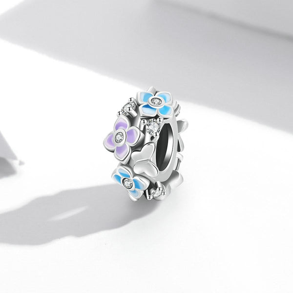 Butterflies Flowers Enamel Sterling Silver Zircon CZ Bead Charm Bracelet Necklace