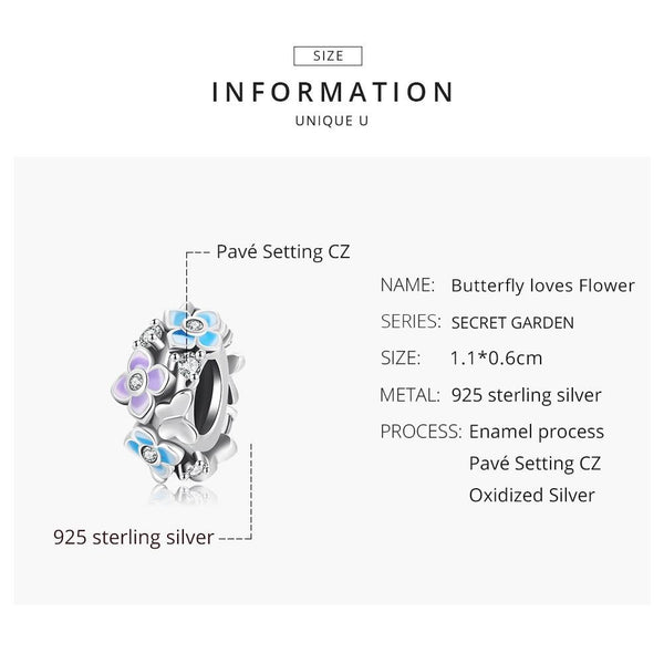 Butterflies Flowers Enamel Sterling Silver Zircon CZ Bead Charm Bracelet Necklace