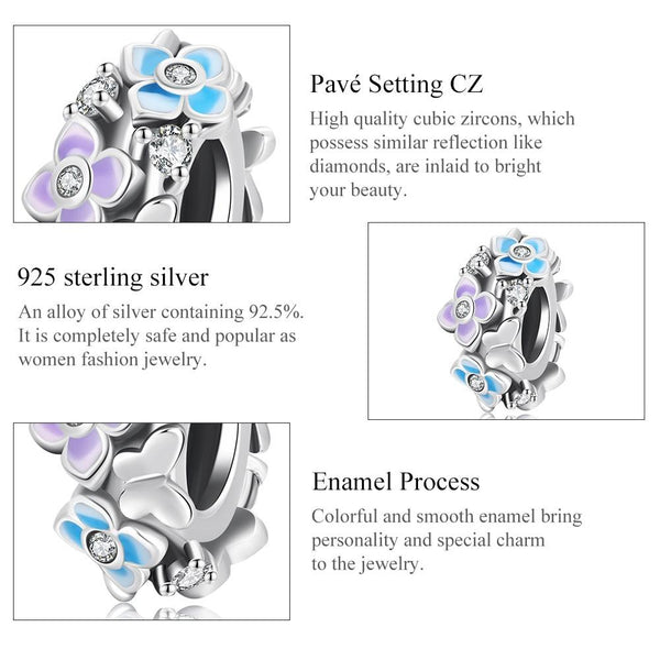 Butterflies Flowers Enamel Sterling Silver Zircon CZ Bead Charm Bracelet Necklace