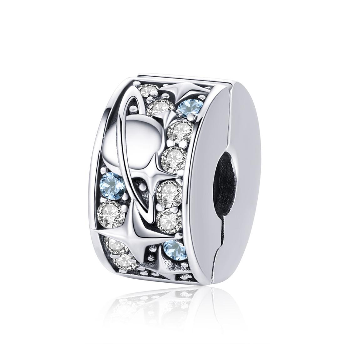 Planet Stars Sterling Silver CZ Buckle Clip Spacer Bead Charm Bracelet Necklace