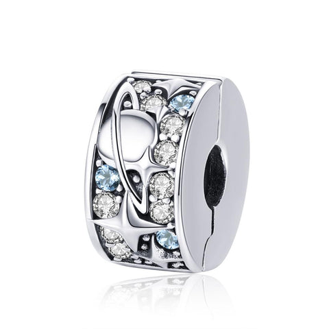 Planet Stars Sterling Silver CZ Buckle Clip Spacer Bead Charm Bracelet Necklace